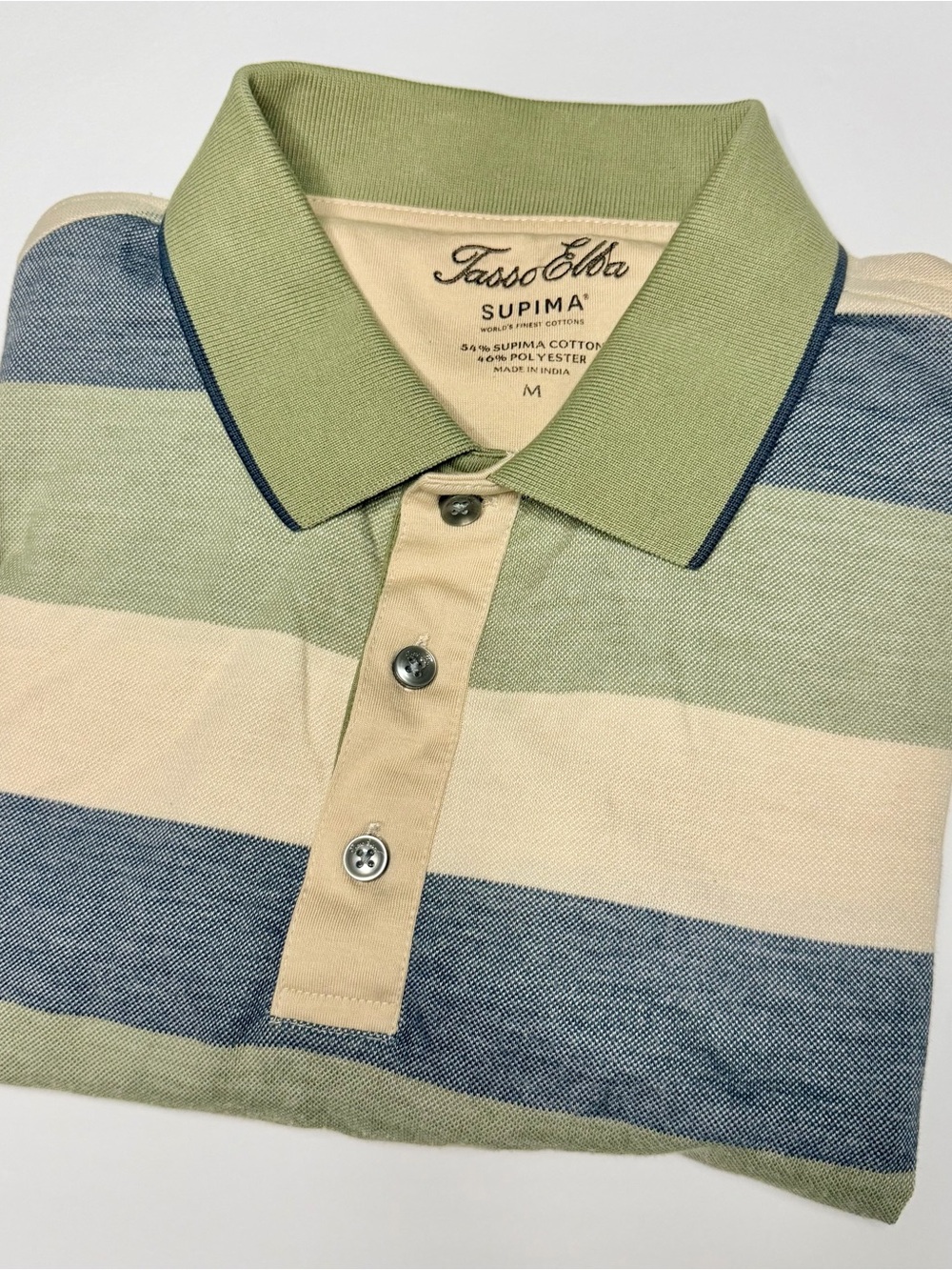 Tasso Elba Green, Blue & Cream Striped Polo Shirt